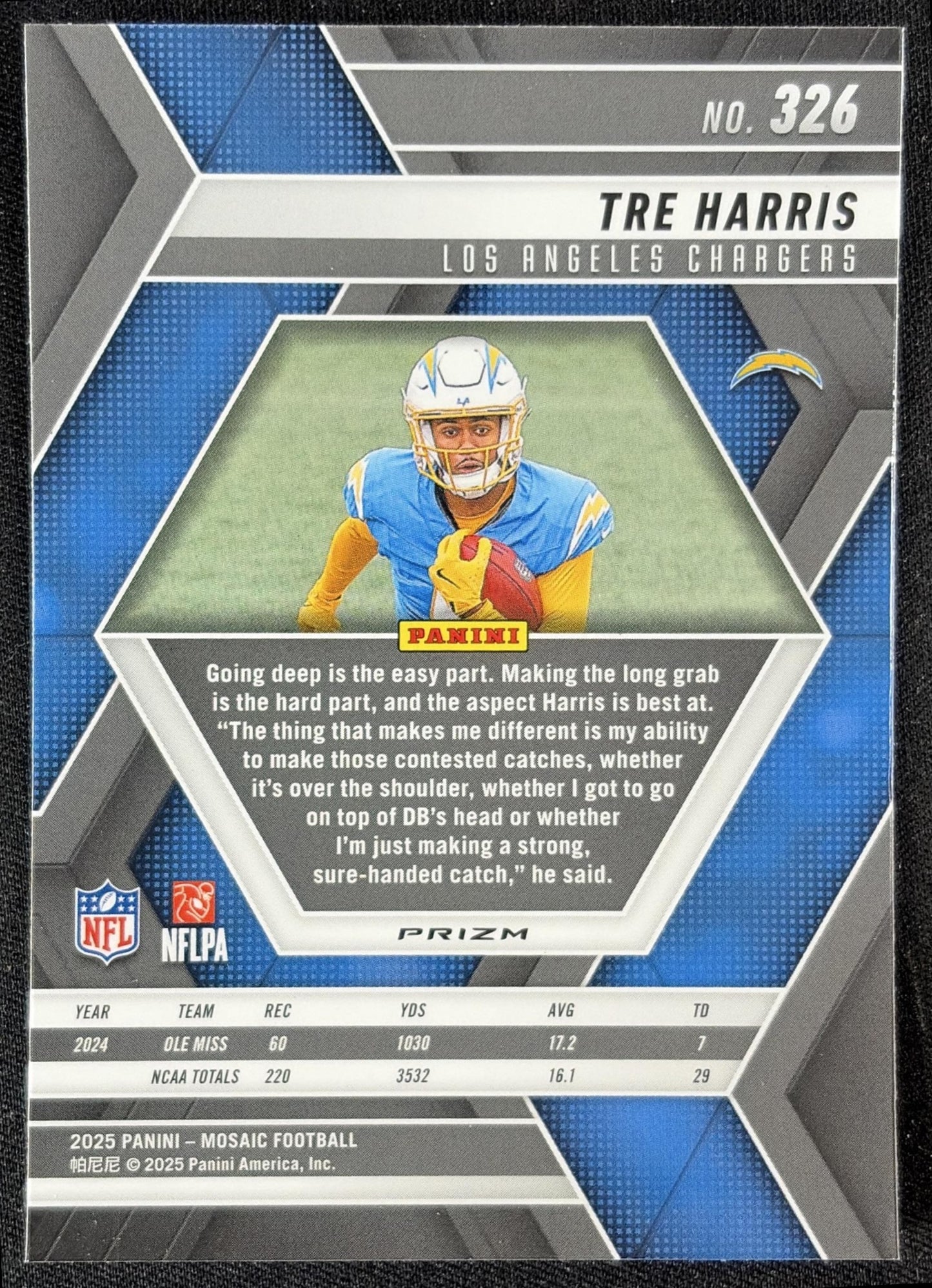 Tre Harris 2025 Panini Mosaic Rookies Reactive Purple Prizm Chargers
