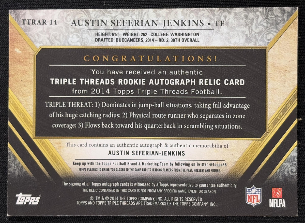 Back of Austin Seferian-Jenkins 2014 Topps Triple Threads Rookie Auto Relics Gold /25 Buccaneers sports trading card