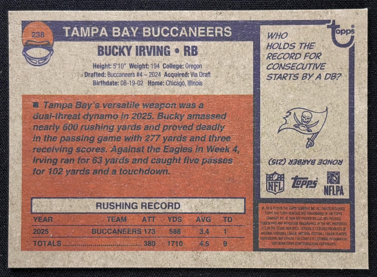 Bucky Irving 2026 Topps Heritage Chrome Aqua Sparkle Buccaneers
