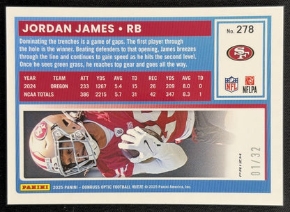 Jordan James 2025 Panini Donruss Optic Rated Rookie Team Logo Prizm /32 49ers Sports Trading Cards
