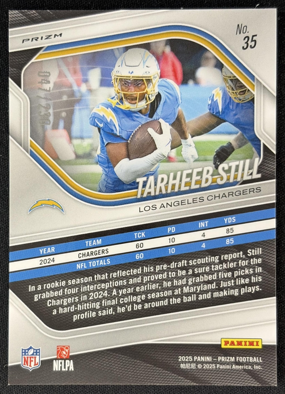 Tarheeb Still 2025 Panini Prizm Blue Wave /230 Chargers back