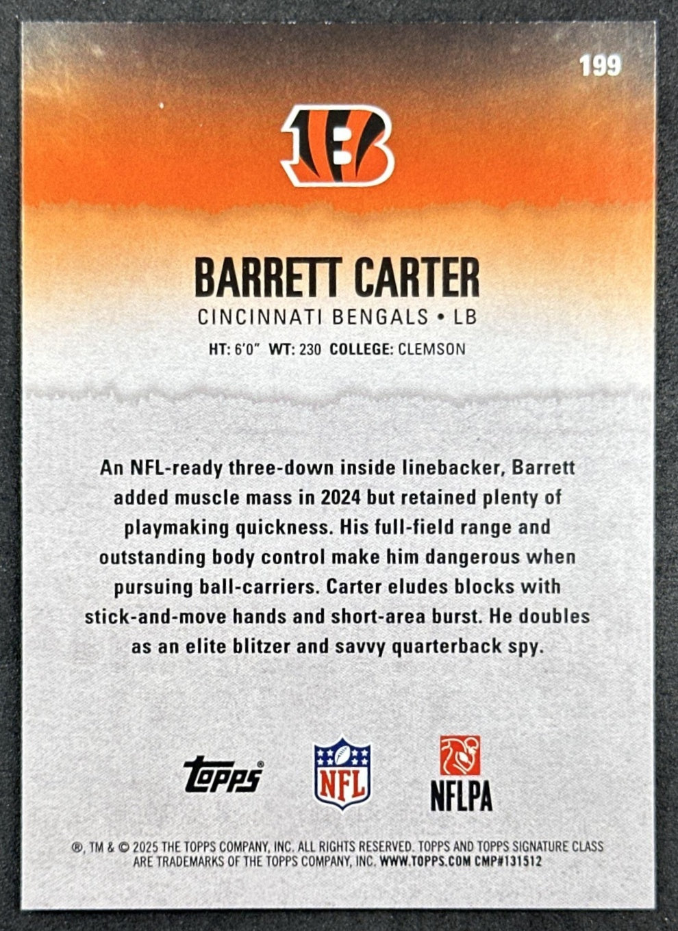 Barrett Carter 2025 Topps Signature Class Rookie Blue & Yellow Foil Bengals