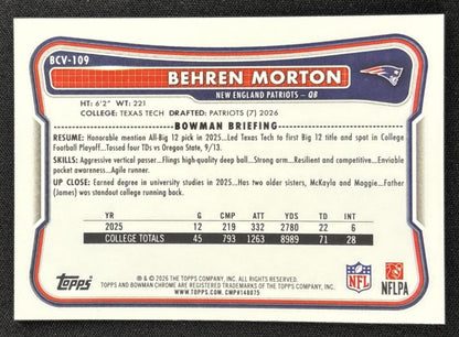 Behren Morton 2026 Bowman Chrome NFL Mojo Refractor Patriots