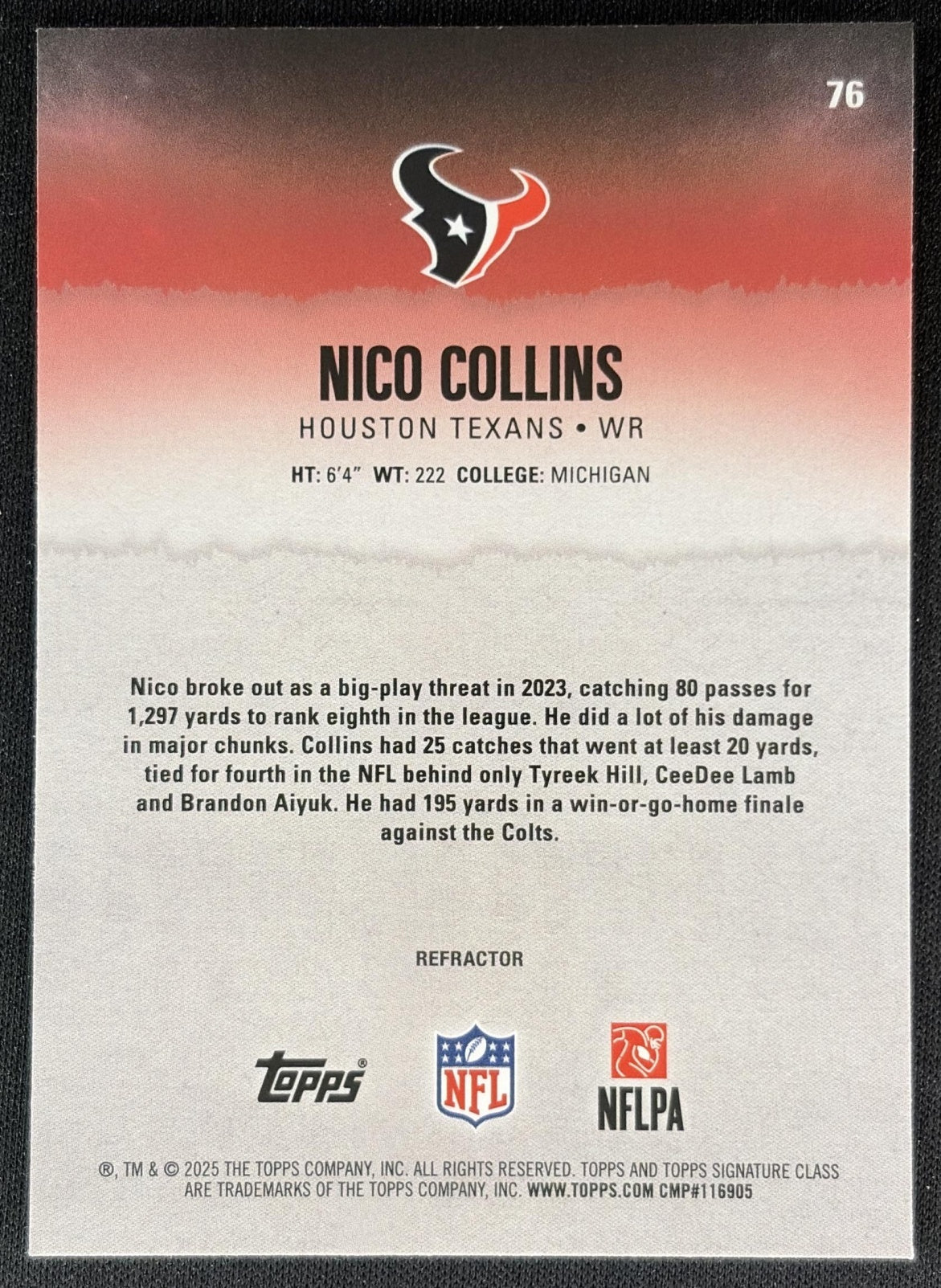 Nico Collins 2025 Topps Signature Class Chrome Veteran White Refractor Texans