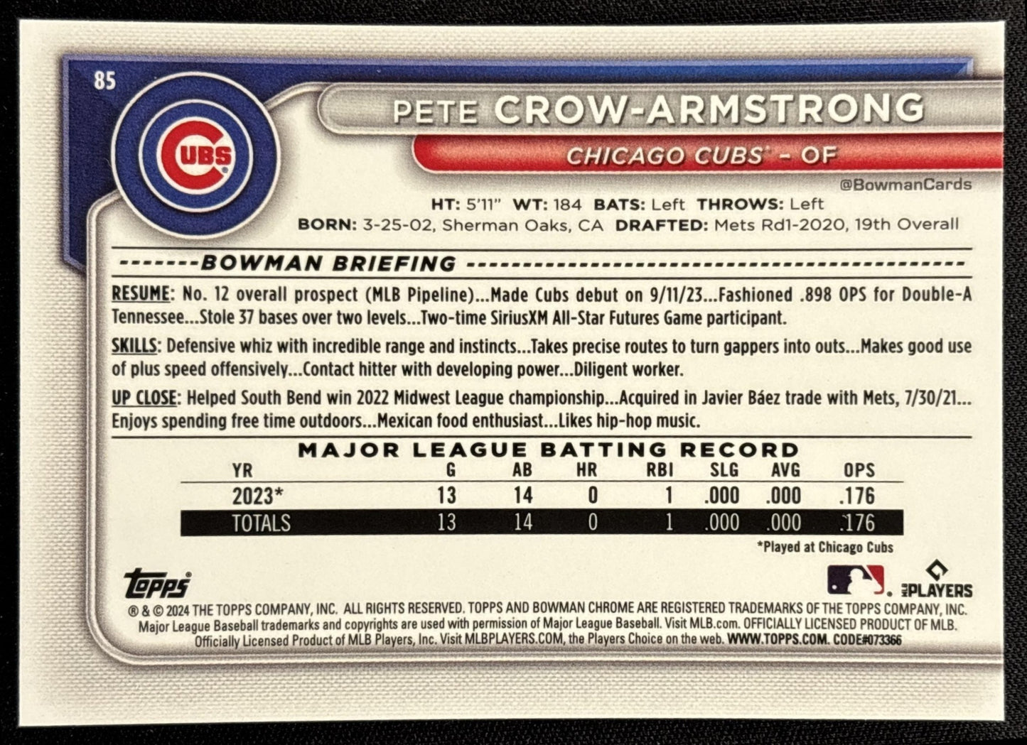 Pete Crow-Armstrong 2024 Bowman Mega Box Mojo Refractor Cubs - back