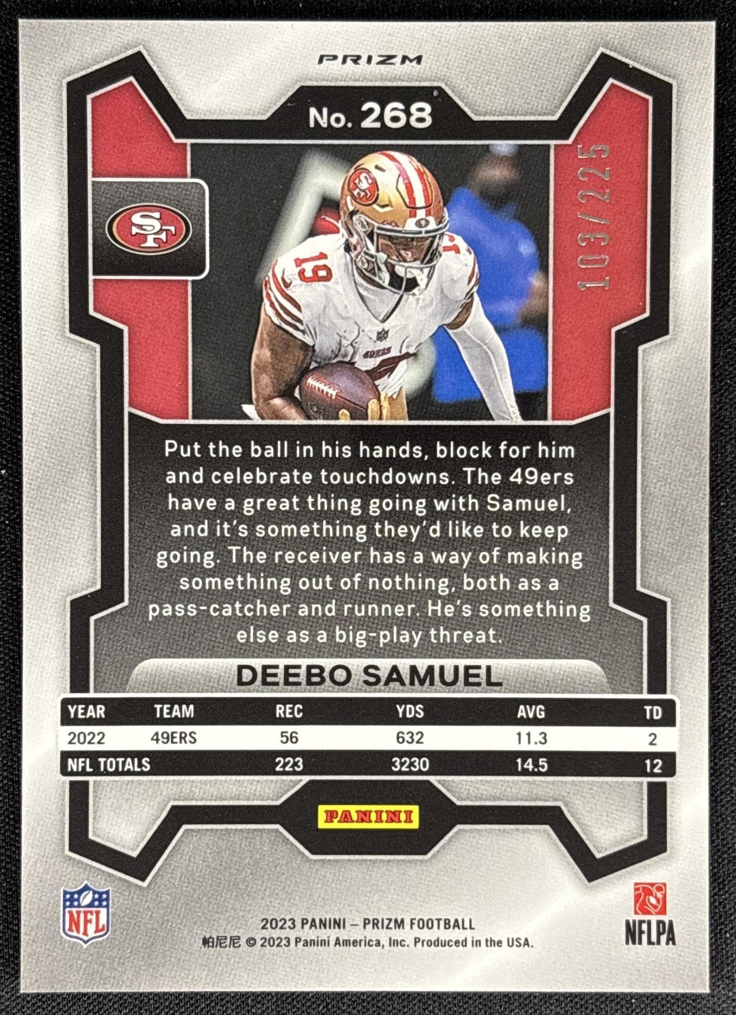 Deebo Samuel 2023 Panini Prizm Purple Ice /225 49ers