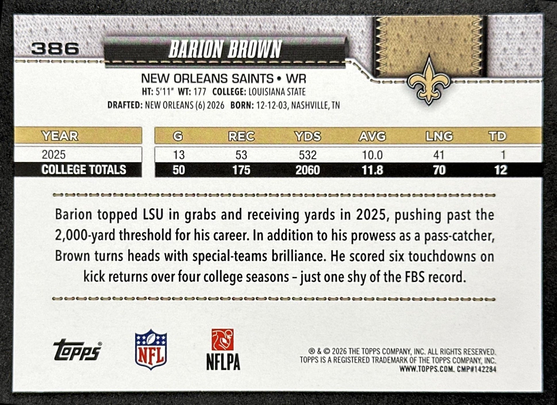 Barion Brown 2026 Topps Flagship Rookie Saints Sports Trading Cards