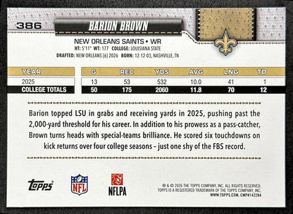 Barion Brown 2026 Topps Flagship Rookie Saints Sports Trading Cards