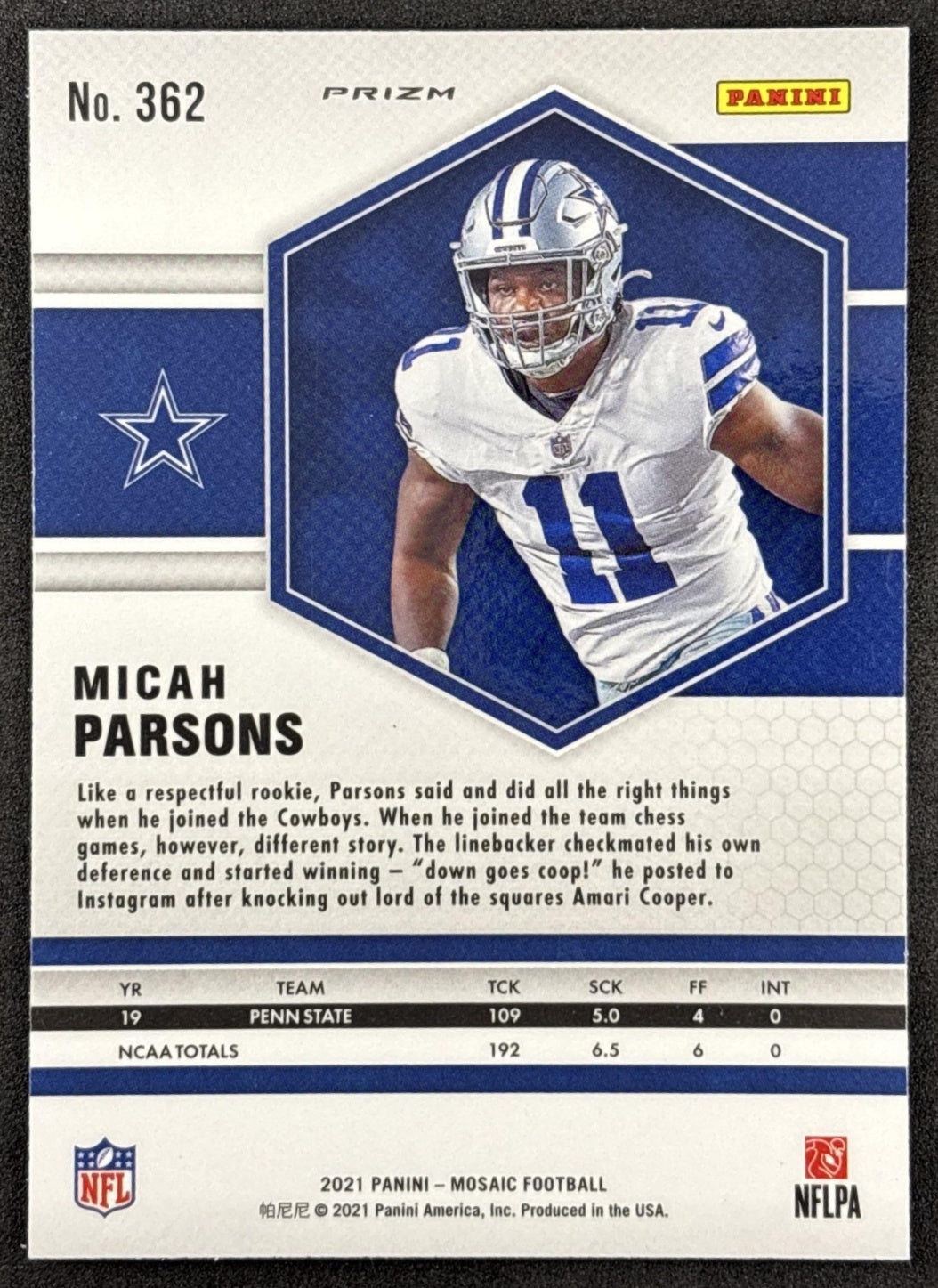 Micah Parsons 2021 Panini Mosaic Prizm Cowboys back