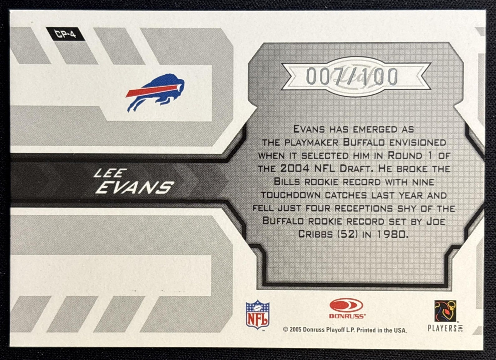Lee Evans 2005 Leaf Certified Materials Potential Blue /100 Bills Football