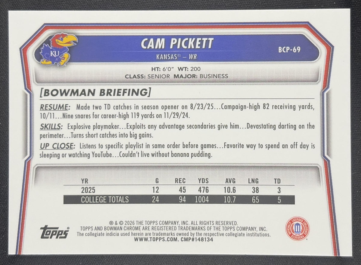Cam Pickett 2026 Bowman Chrome Prospects Mojo Refractor Jayhawks Kansas Jayhawks Sports Trading Card