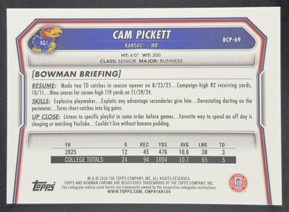 Cam Pickett 2026 Bowman Chrome Prospects Mojo Refractor Jayhawks Kansas Jayhawks Sports Trading Card
