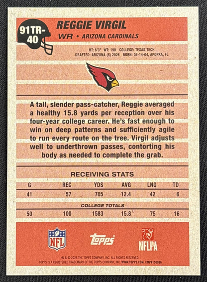 Reggie Virgil 2026 Topps 1991 Rookie Pink Crackle Foil Cardinals Arizona Cardinals