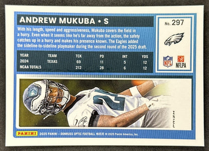 Andrew Mukuba 2025 Panini Donruss Optic Rated Rookie Purple Shock Prizm Eagles back