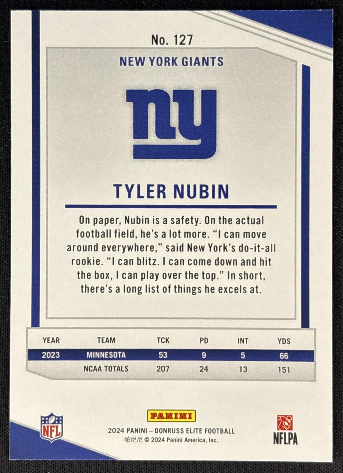 Tyler Nubin 2024 Panini Donruss Elite Status Explosion /875 Giants back
