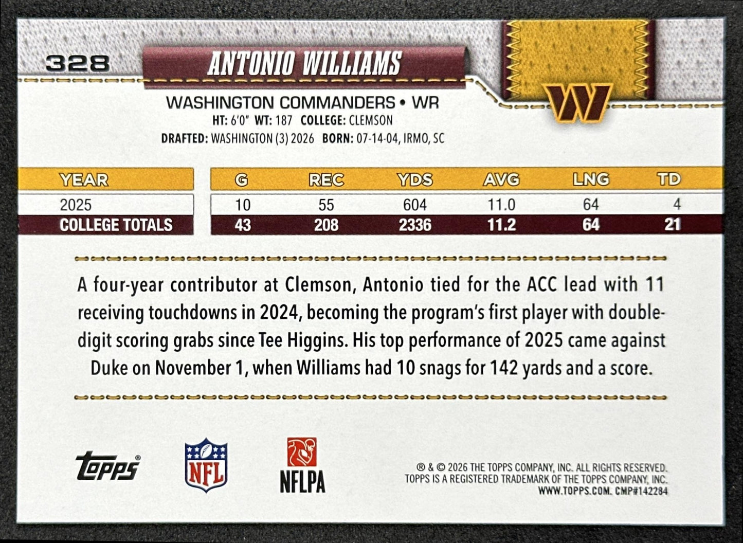 Antonio Williams 2026 Topps Flagship Rookie Commanders Sports Trading Cards