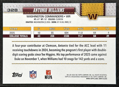 Antonio Williams 2026 Topps Flagship Rookie Commanders Sports Trading Cards