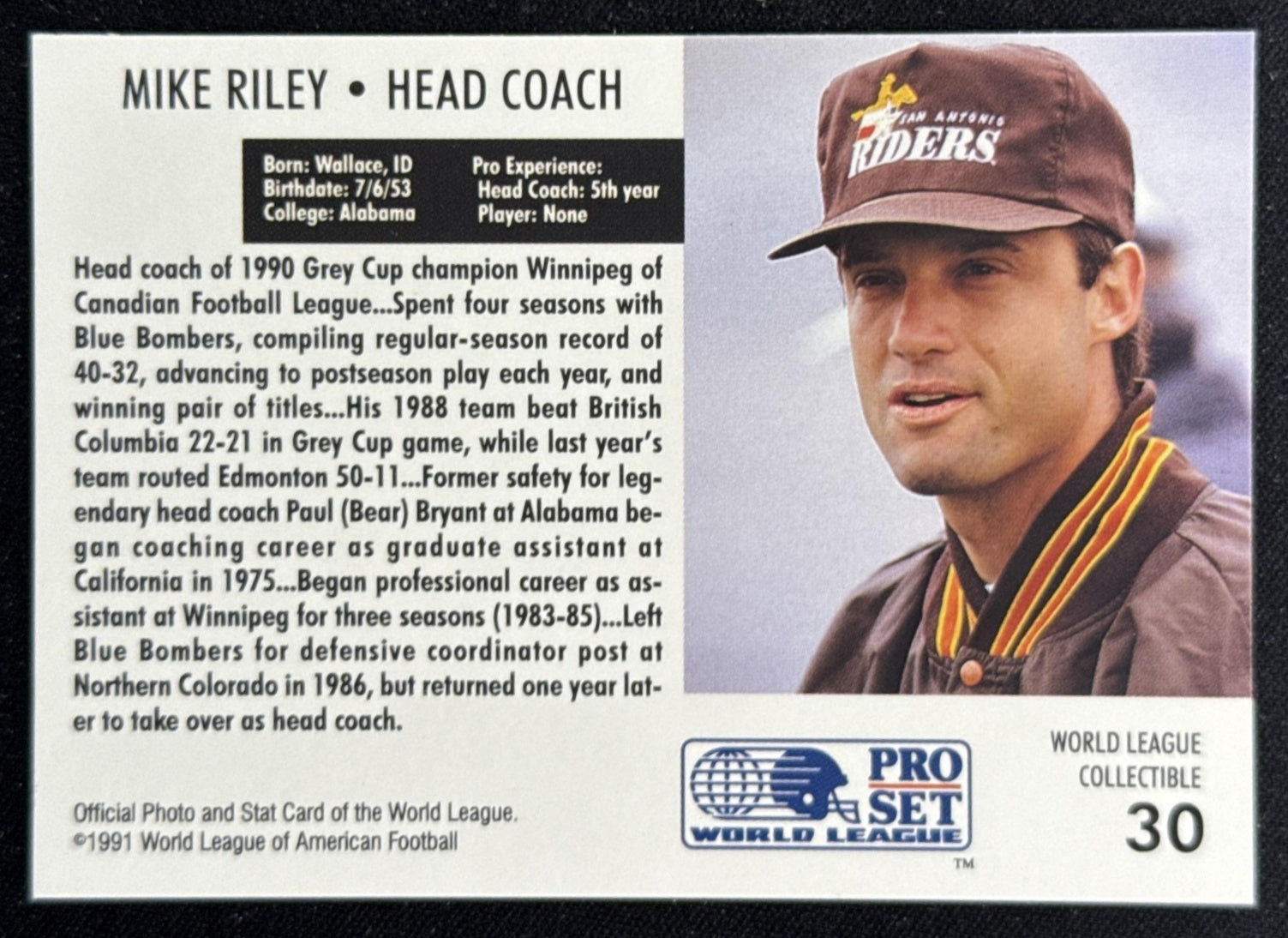 Mike Riley 1991 Pro Set WLAF World Bowl Combo Sports Trading Card