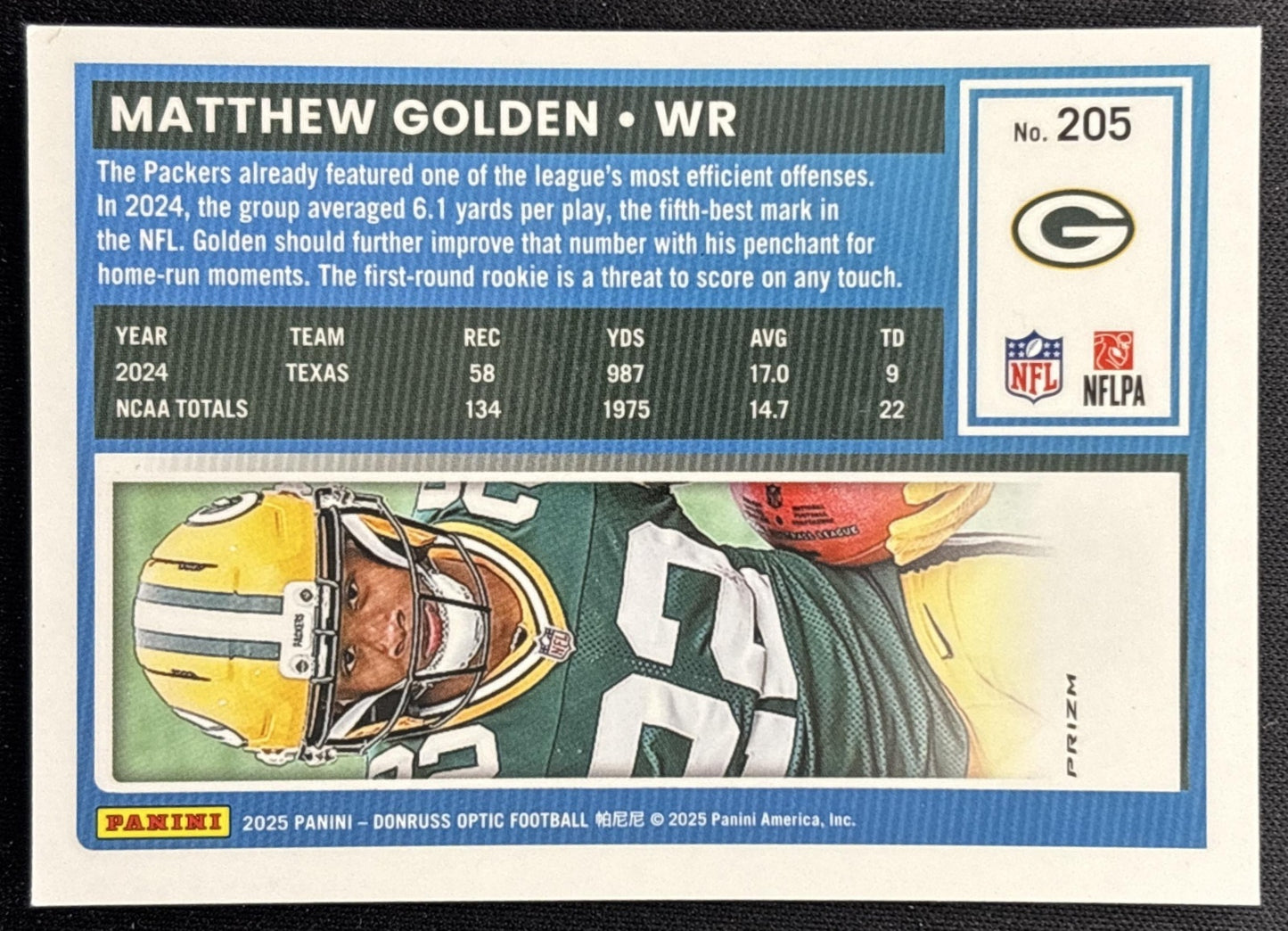 Matthew Golden 2025 Panini Donruss Optic Rated Rookie Stars Prizm Packers back