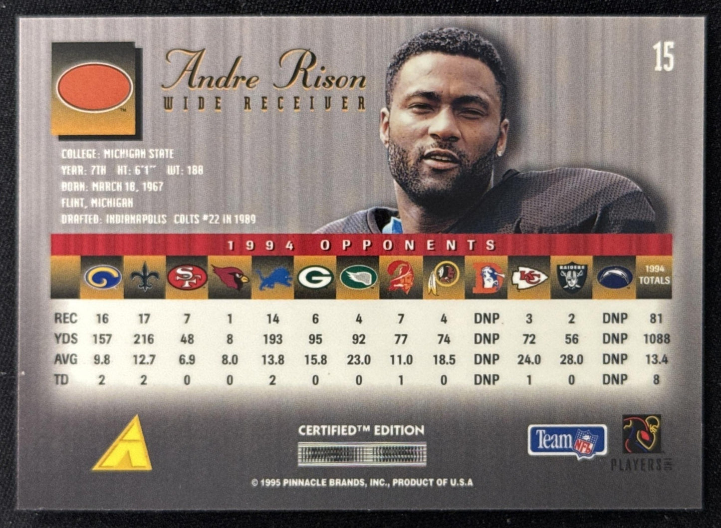 Andre Rison 1995 Pinnacle Select Certified Browns Sports Trading Card