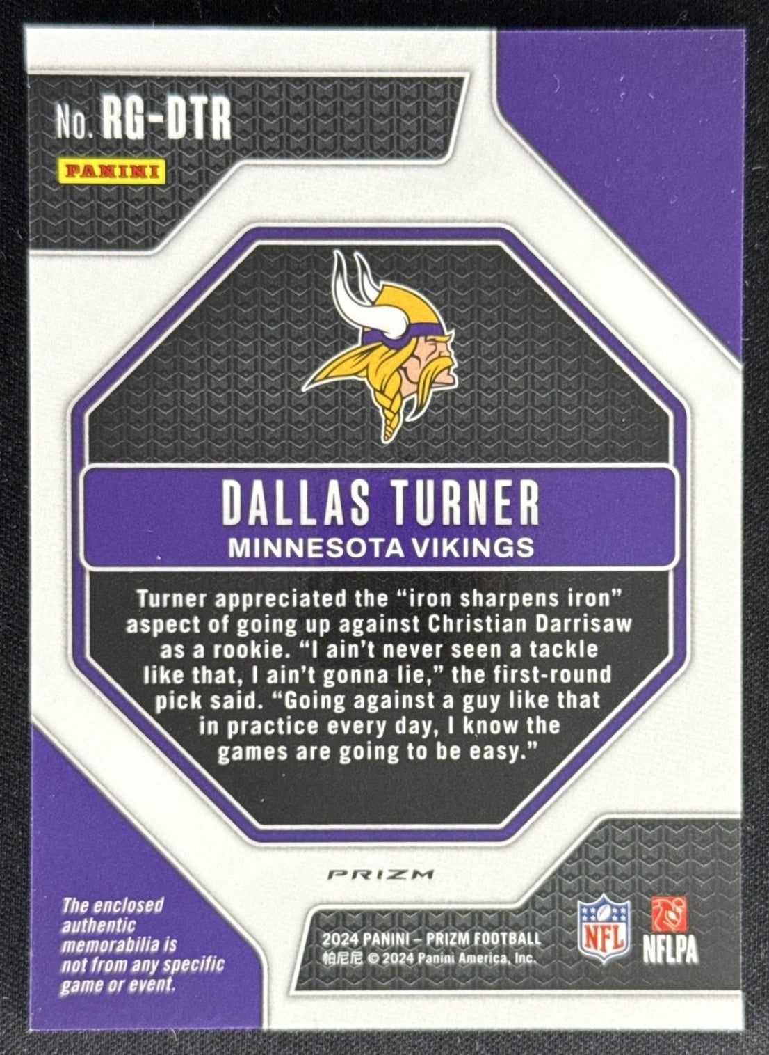 Dallas Turner 2024 Panini Prizm Rookie Gear Neon Green Pulsar Vikings