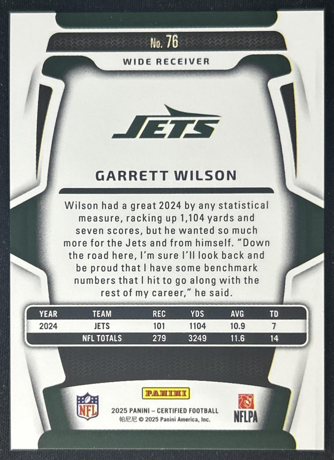 Garrett Wilson 2025 Panini Certified Mirror Pink /225 Jets back