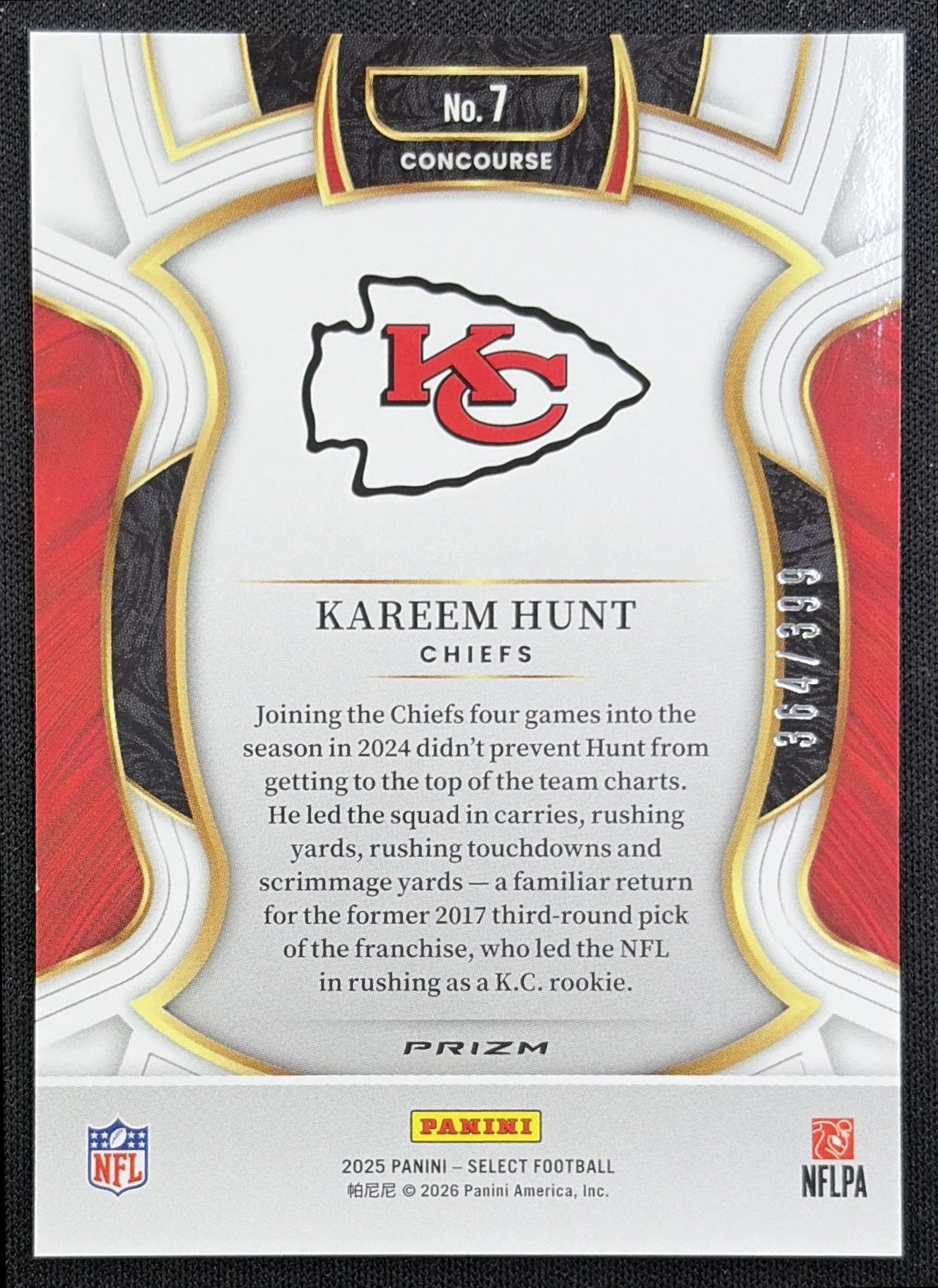 Kareem Hunt 2025 Panini Select Concourse Tri-Color Prizm /399 Chiefs back