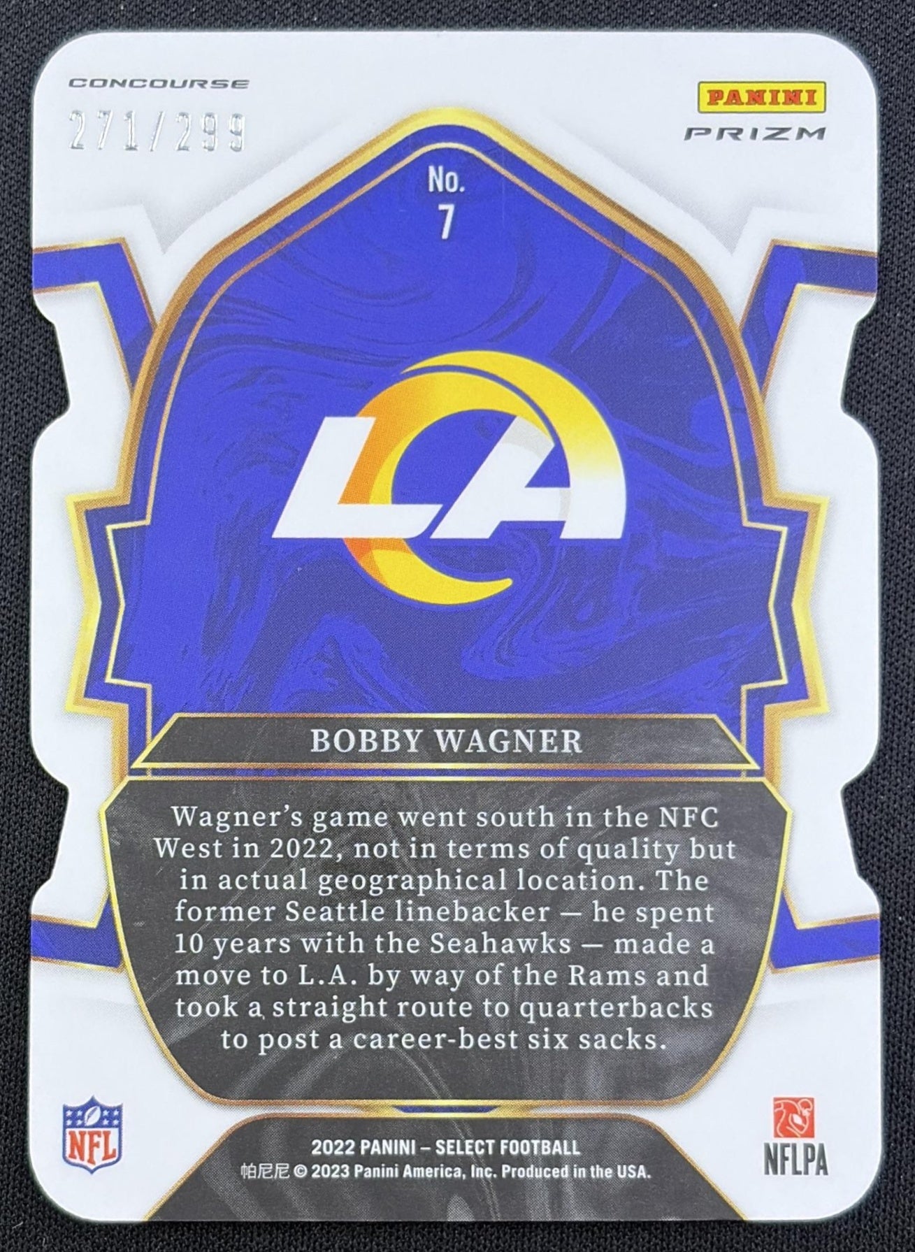 Bobby Wagner 2022 Panini Select Neon Green Prizm Die Cut /299 Rams