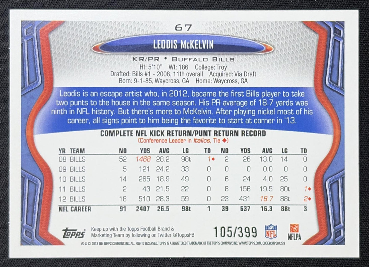Leodis McKelvin 2013 Topps Pink /399 Bills
