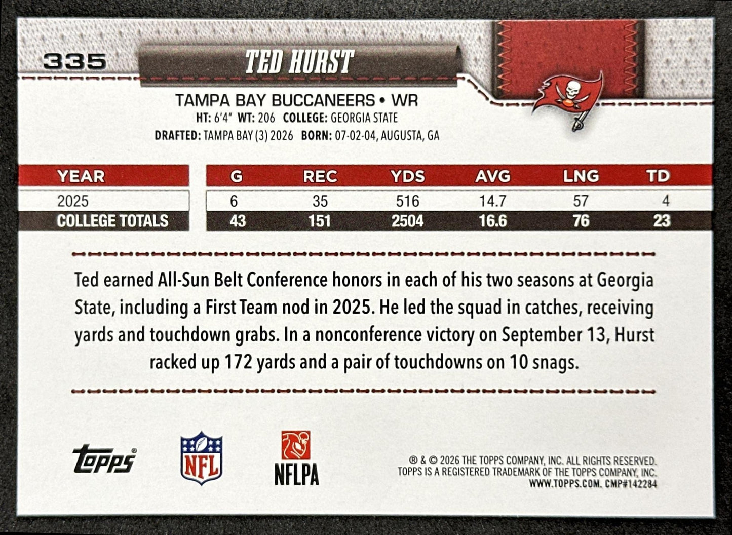 Ted Hurst 2026 Topps Flagship Rookie Buccaneers Sports Trading Cards