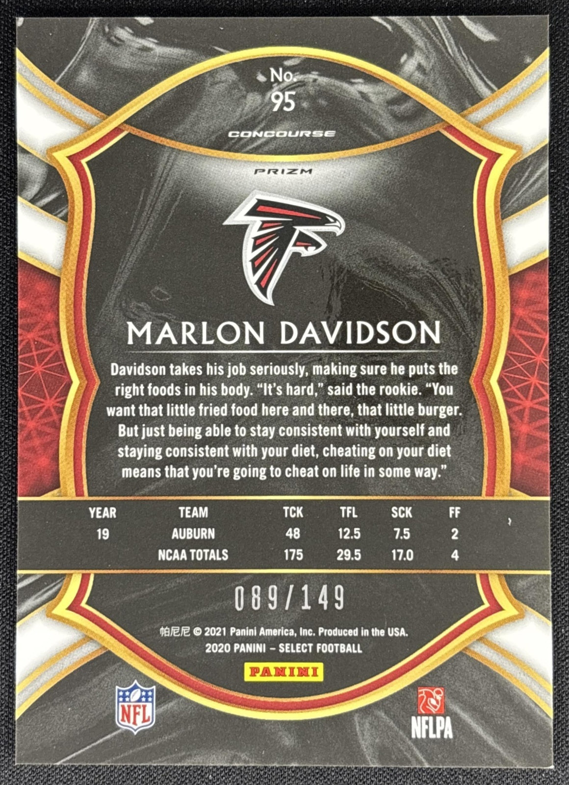 Marlon Davidson 2020 Panini Select Maroon Prizm /149 Falcons Atlanta Falcons Sports Trading Cards