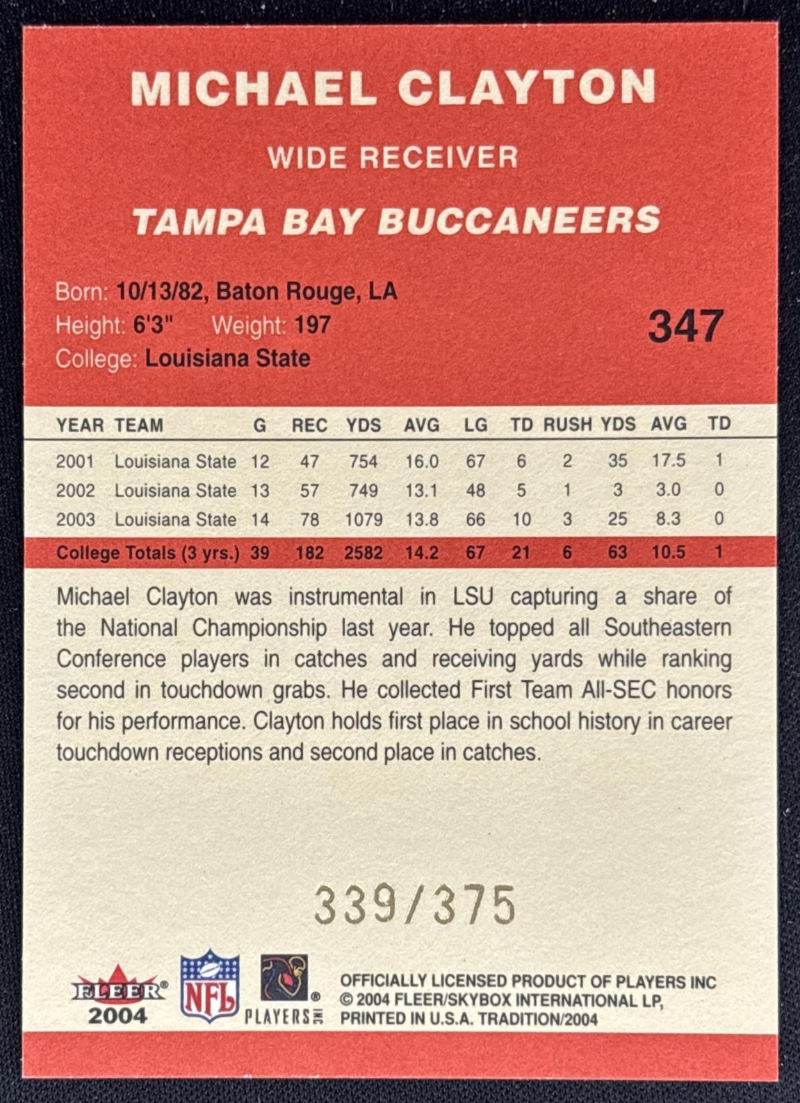 Michael Clayton 2004 Fleer Tradition Draft Day /375 Buccaneers back