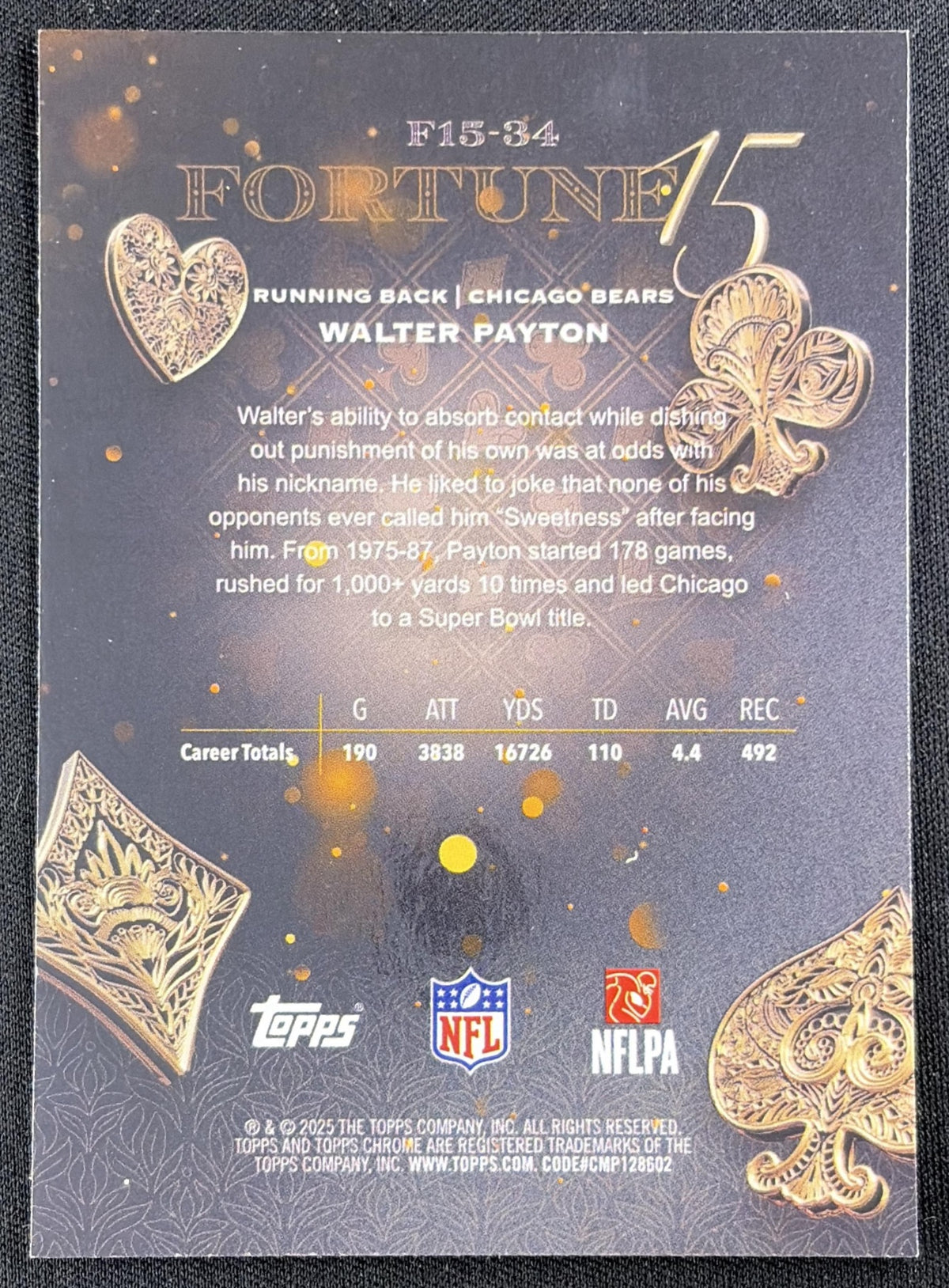 Walter Payton 2025 Topps Chrome Fortune 15 Aqua Refractor /199 Bears Chicago Bears