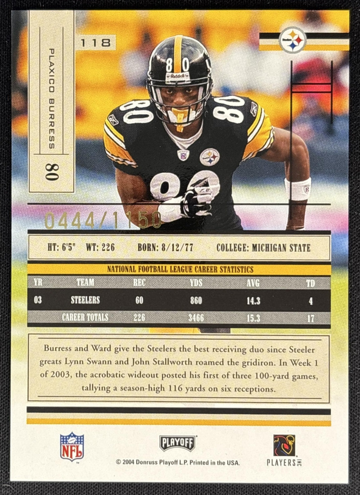 Plaxico Burress 2004 Playoff Absolute Memorabilia /1150 Steelers back