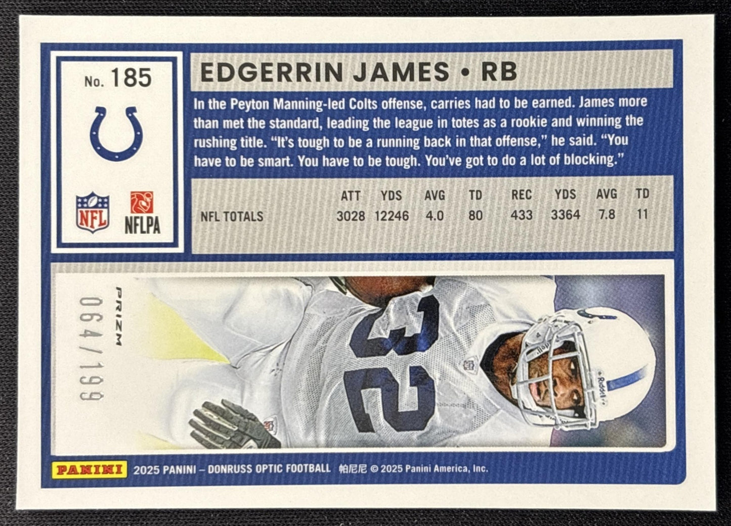 Edgerrin James 2025 Panini Donruss Optic Flex Prizm /199 Colts back