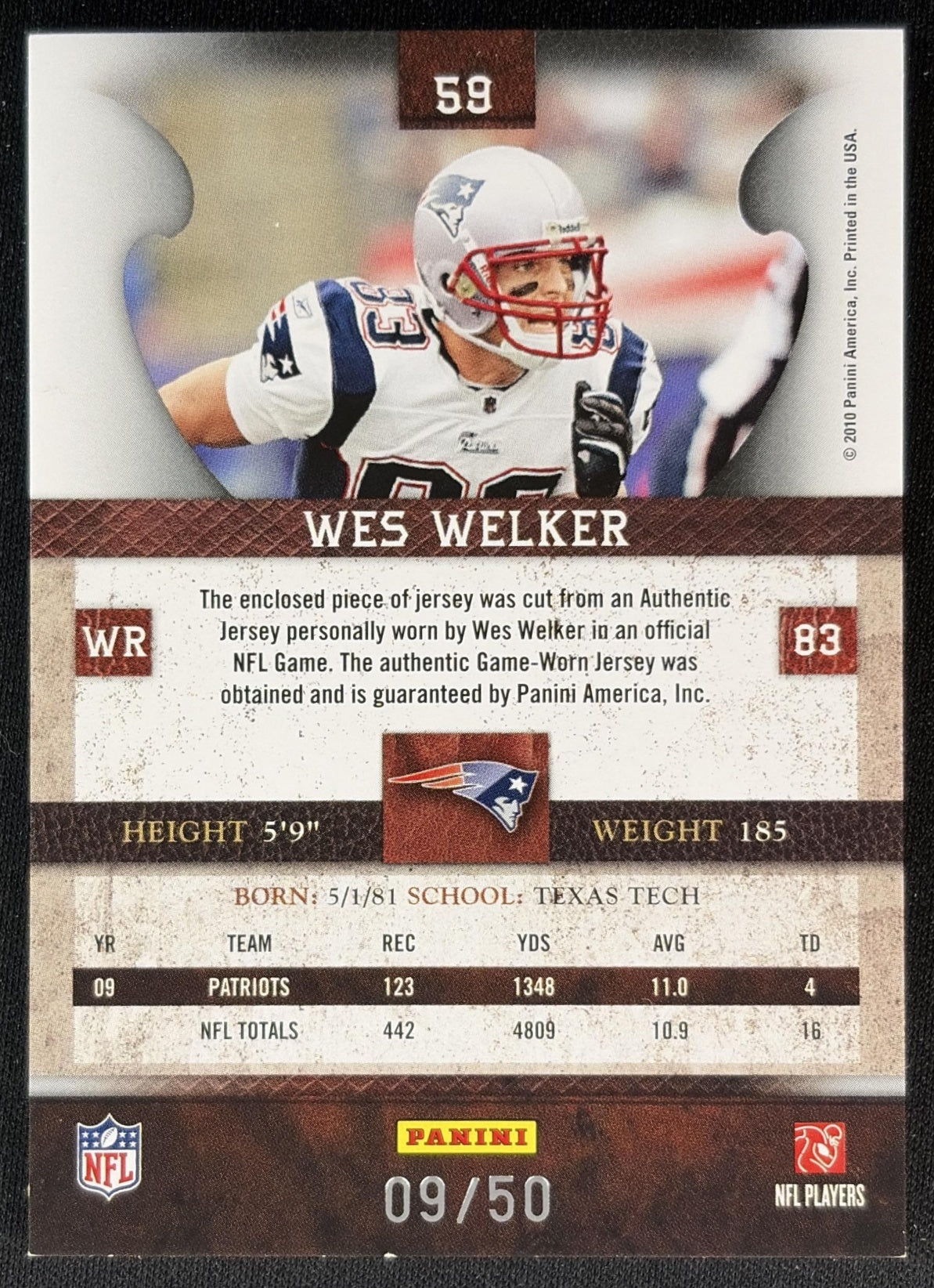 Wes Welker 2010 Panini Plates & Patches Jerseys Prime /50 Patriots Sports Trading Cards