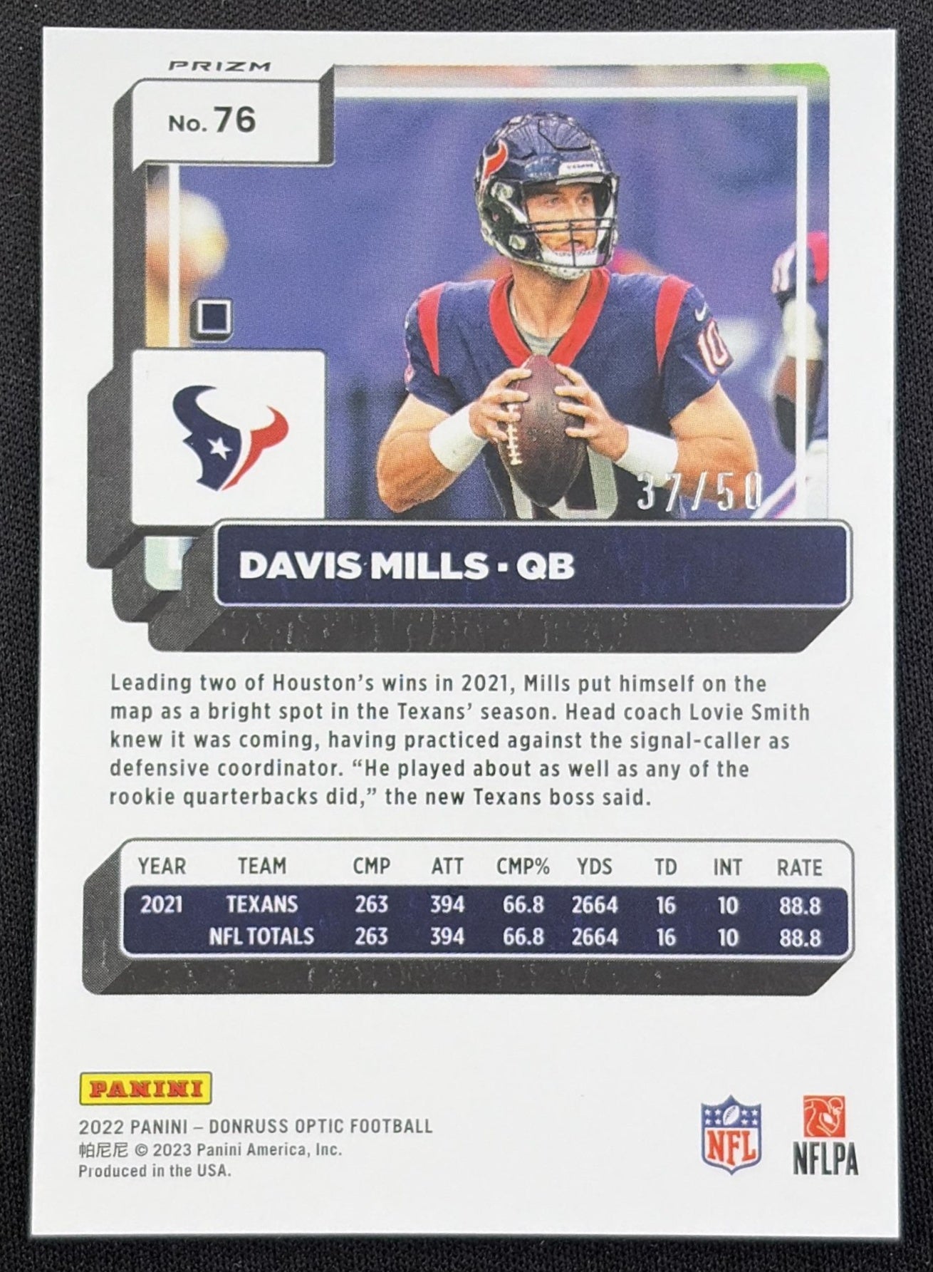 Davis Mills 2021 Panini Donruss Optic Purple /50 Texans