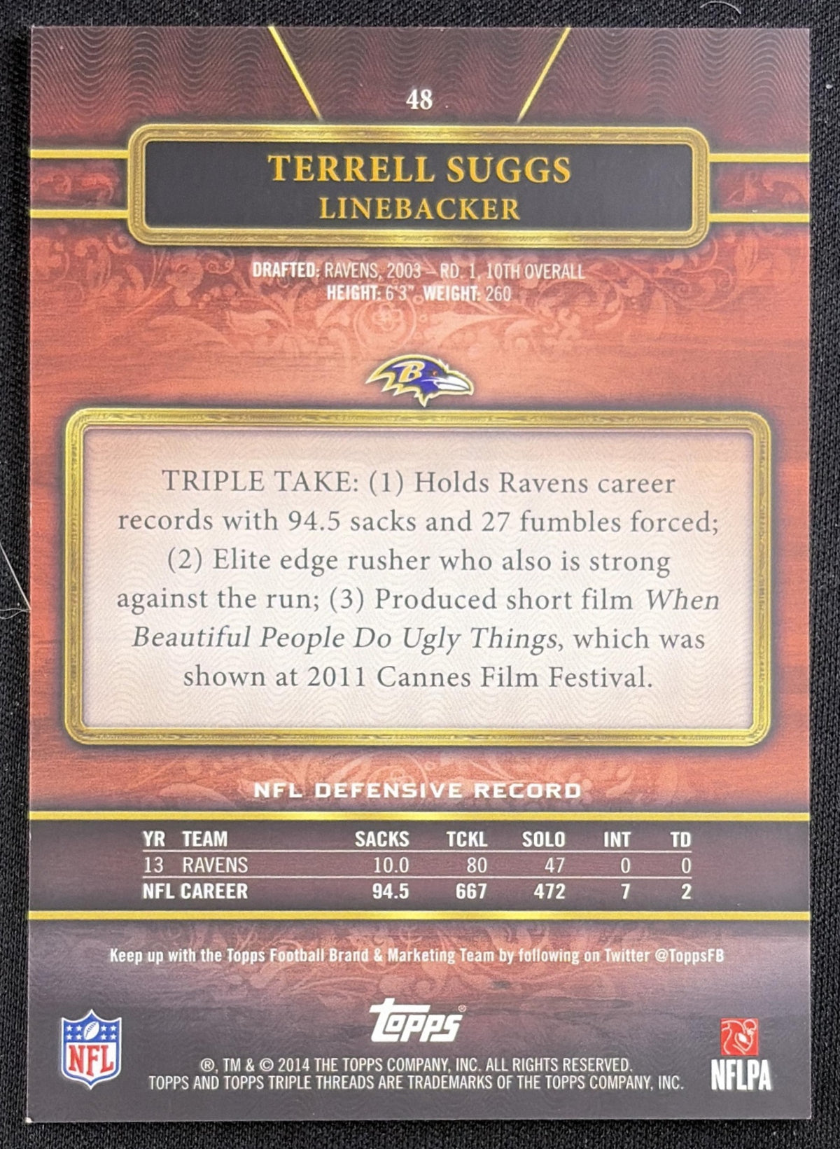 Terrell Suggs 2014 Topps Triple Threads Ravens