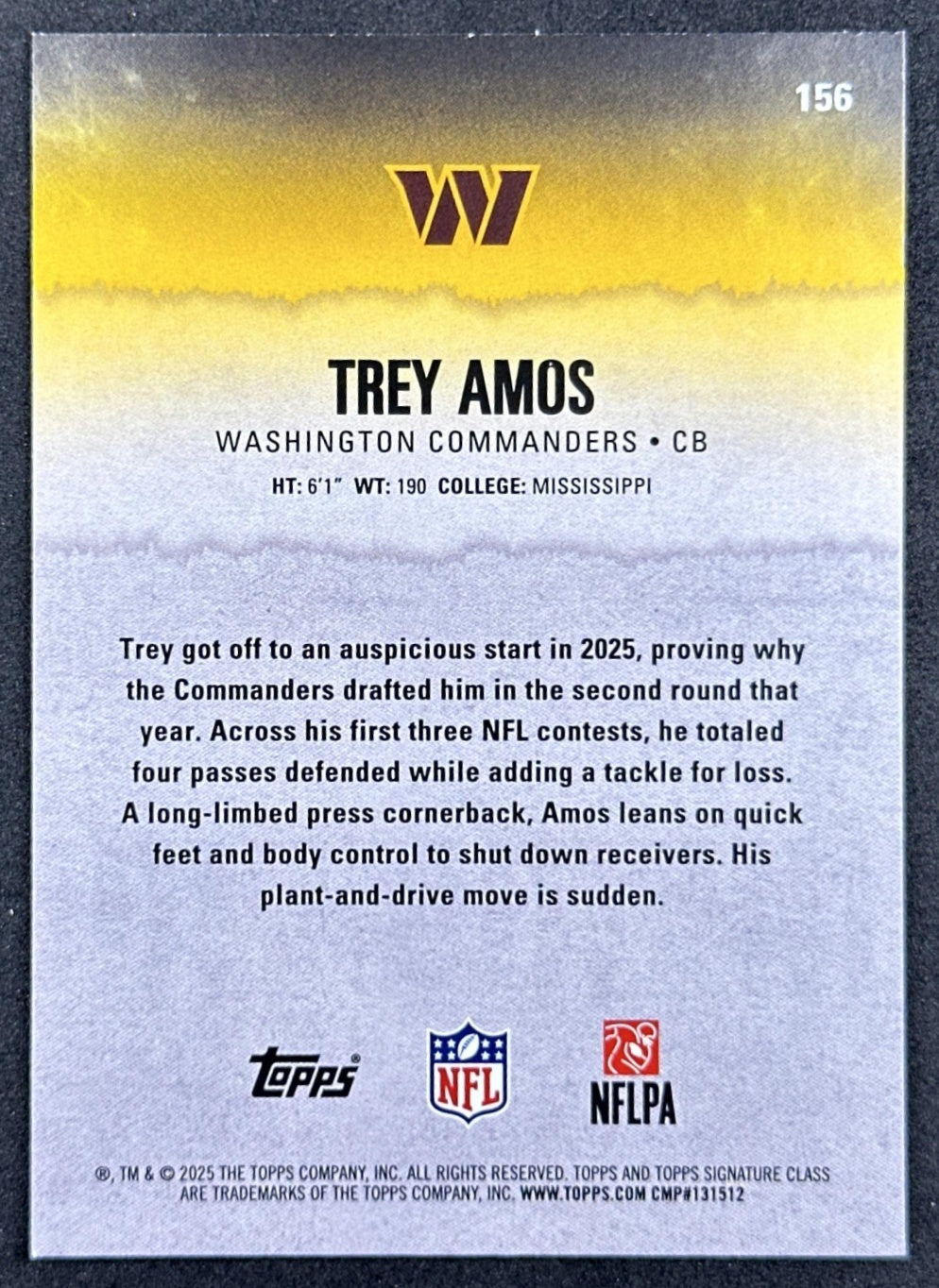Trey Amos 2025 Topps Signature Class Rookie Blue & Yellow Foil Commanders back