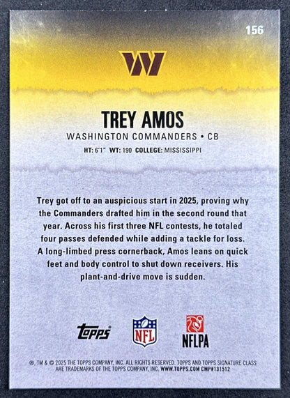 Trey Amos 2025 Topps Signature Class Rookie Blue & Yellow Foil Commanders back