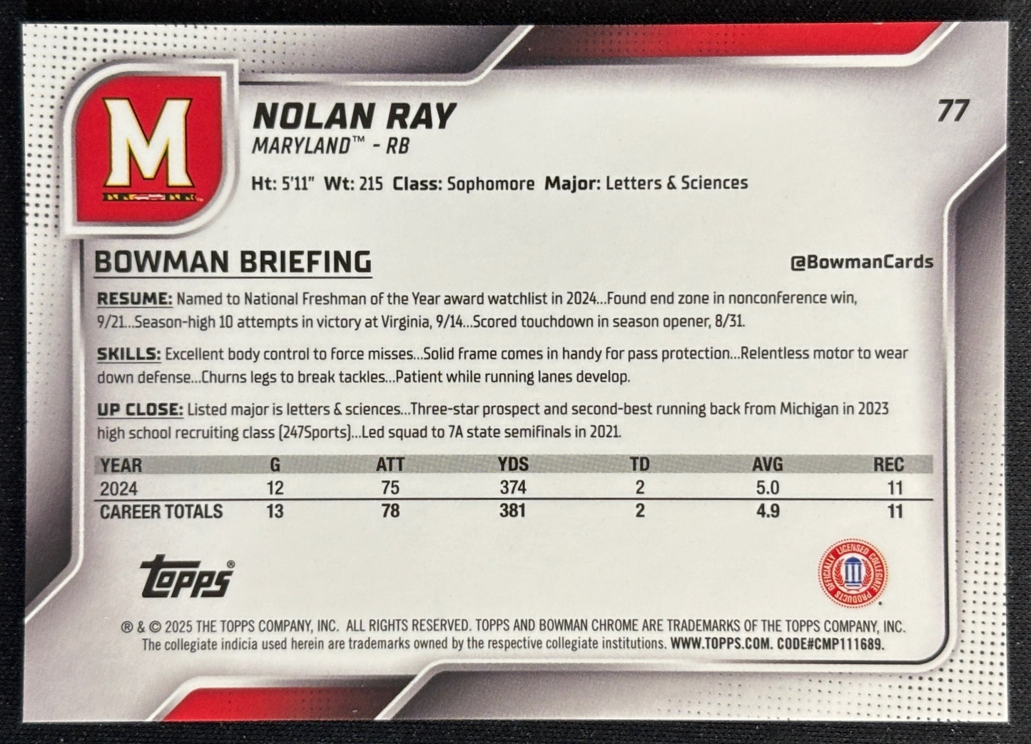 Nolan Ray 2025 Chrome University Prospects Gold Shimmer Refractor /50 Terrapins - Back | Wayne Collection