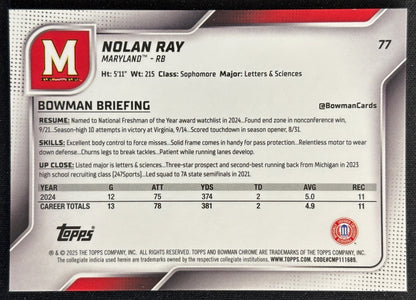 Nolan Ray 2025 Chrome University Prospects Gold Shimmer Refractor /50 Terrapins - Back | Wayne Collection