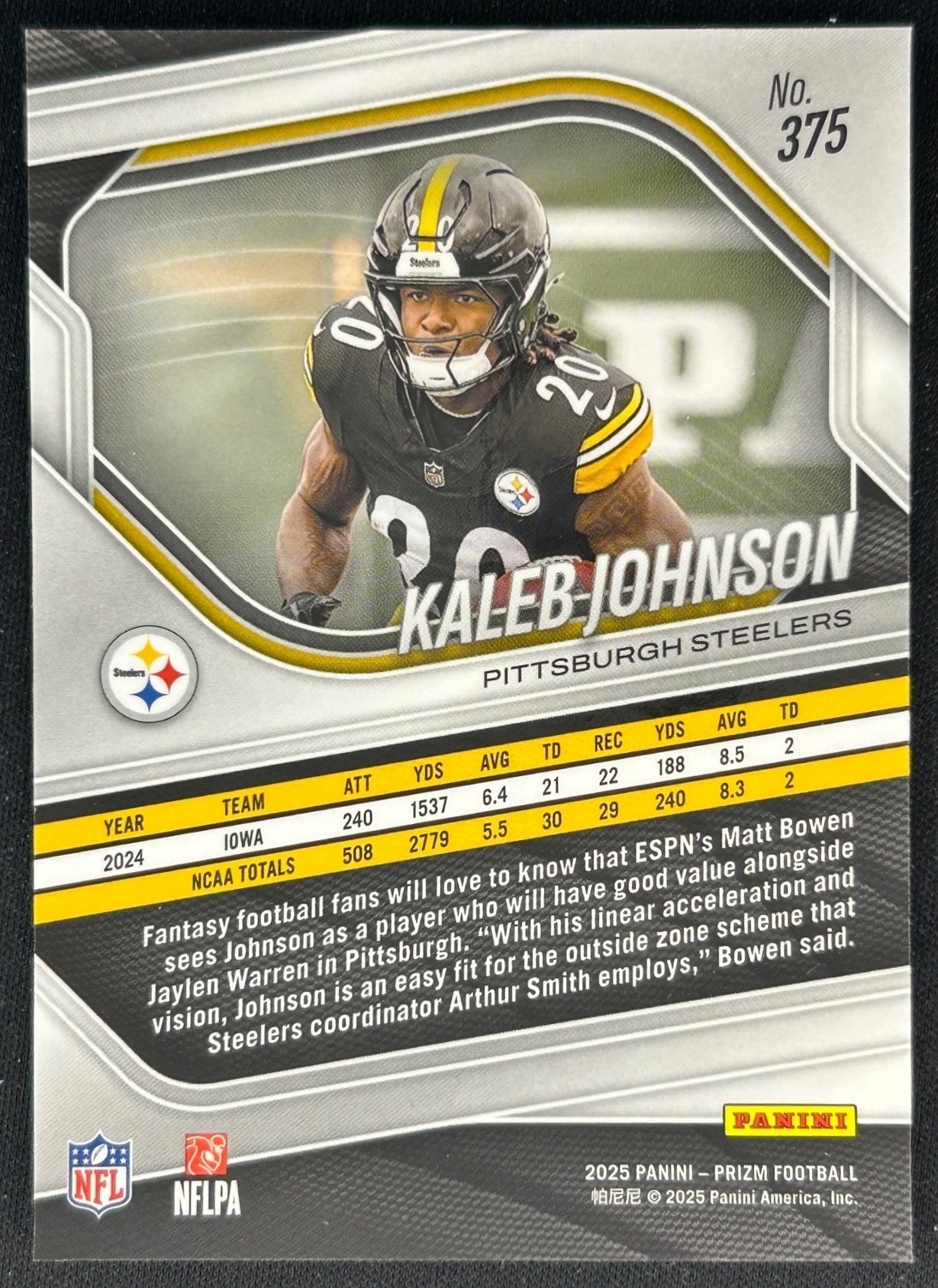 Kaleb Johnson 2025 Panini Prizm Steelers Sports Trading Cards