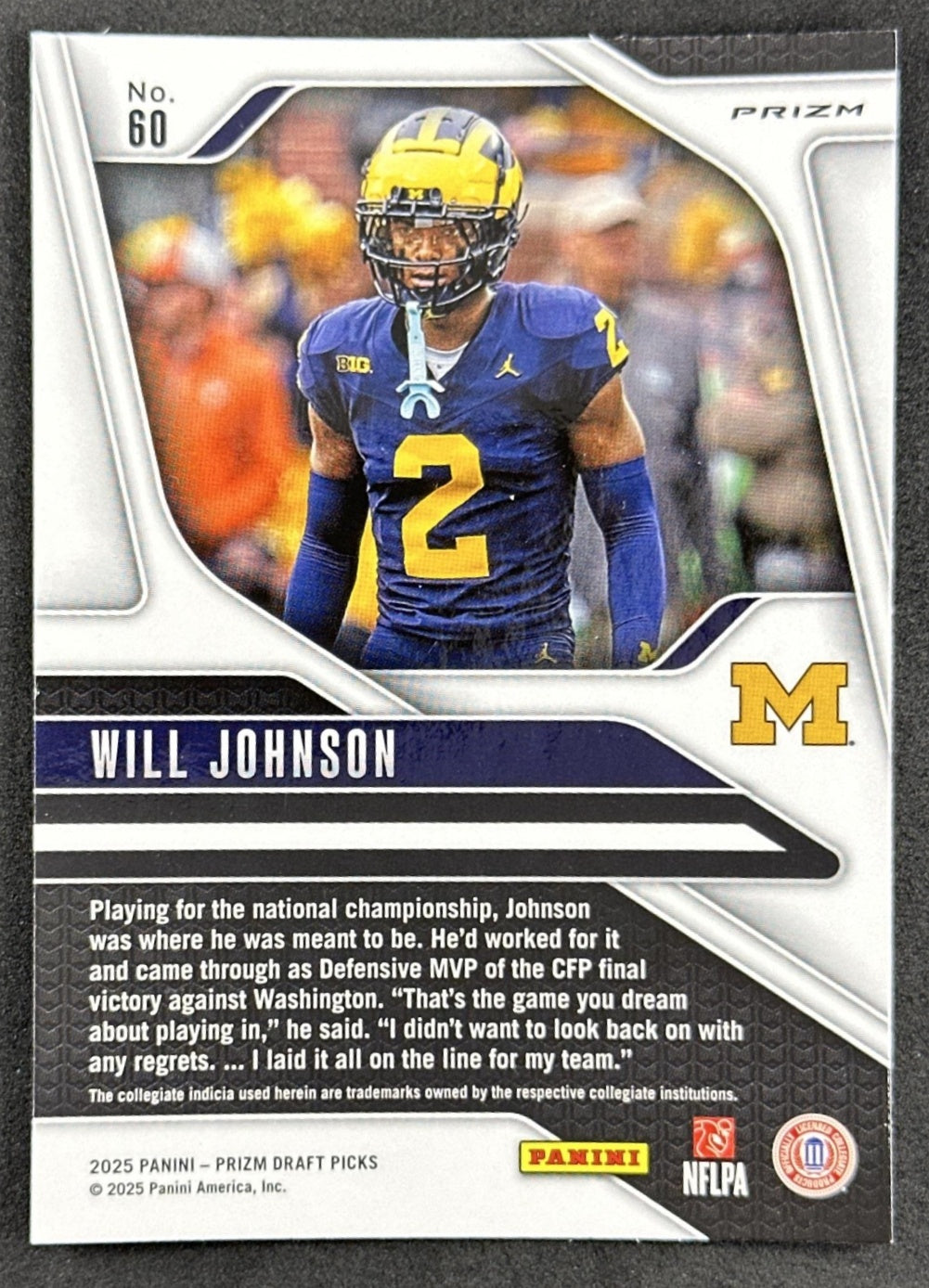 Will Johnson 2025 Panini Prizm Draft Picks Red Ice Wolverines Steelers - Back