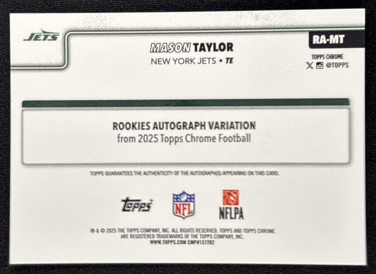Mason Taylor 2025 Topps Chrome Rookie Auto Aqua Refractor /199 Jets