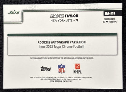 Mason Taylor 2025 Topps Chrome Rookie Auto Aqua Refractor /199 Jets