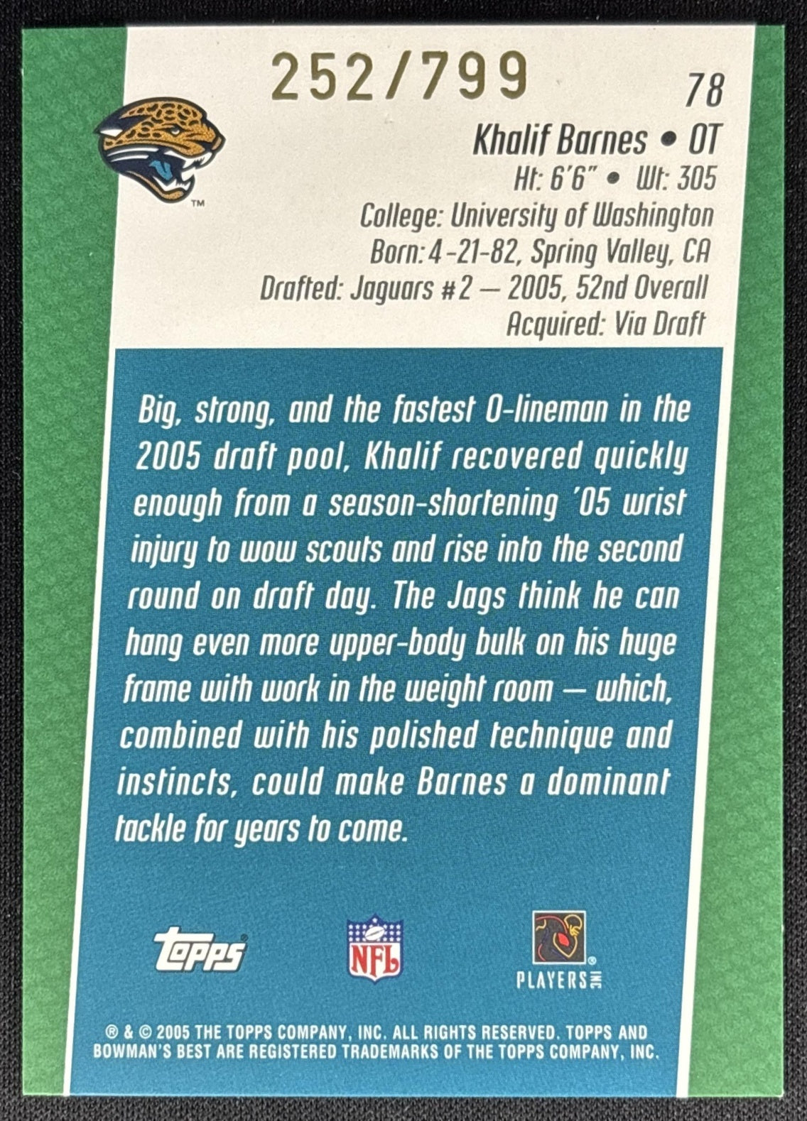 Khalif Barnes 2005 Bowman's Best Green /799 Jaguars Sports Trading Cards