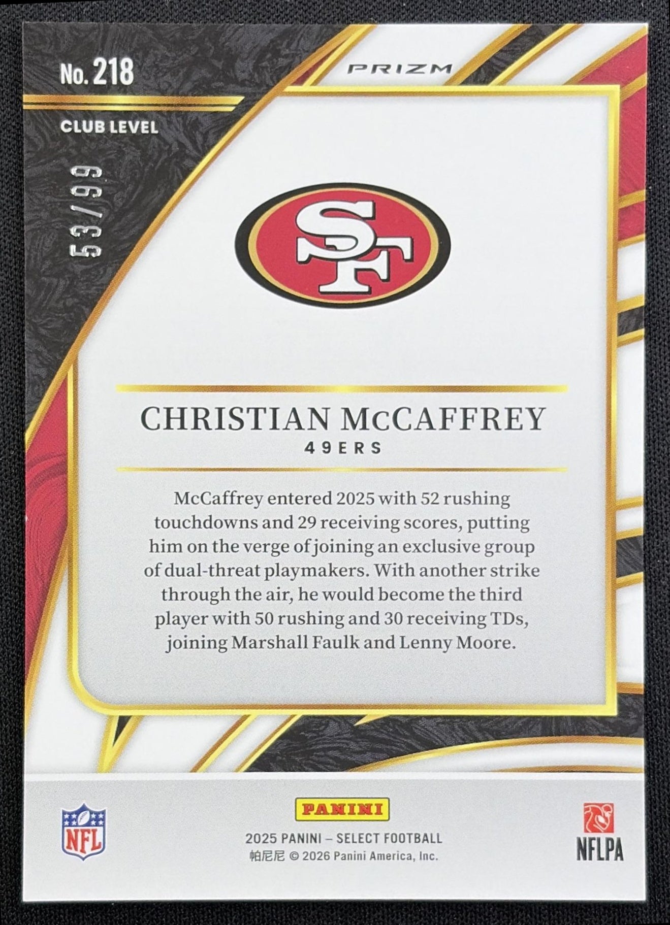 Christian McCaffrey 2025 Panini Select Club Level Blue Prizm /99 49ers