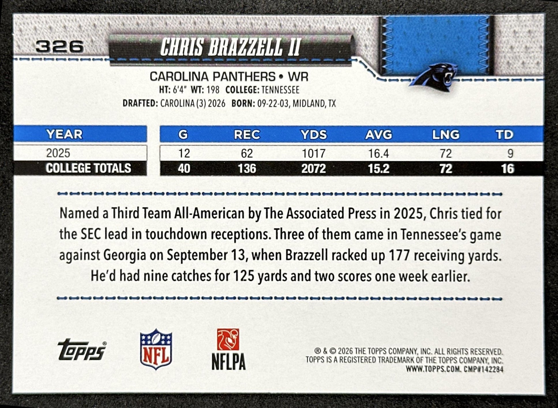 Chris Brazzell II 2026 Topps Flagship Rookie Panthers Sports Trading Card