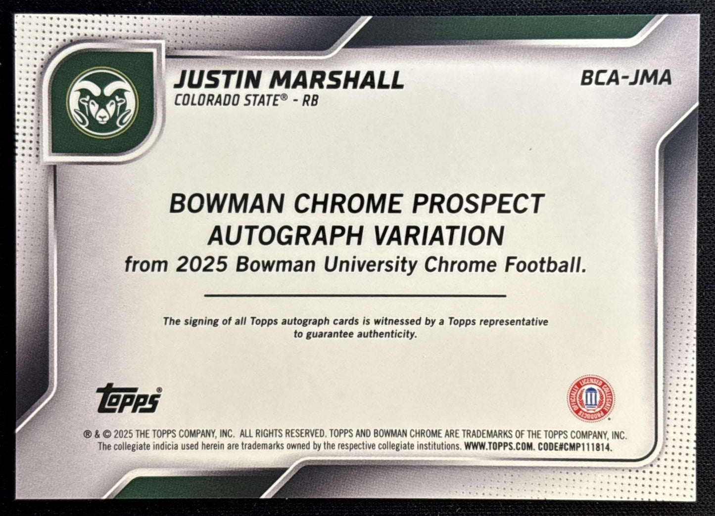 Justin Marshall 2025 Chrome University Prospect Auto Blue Mini-Diamond Refractor /150 Rams Football